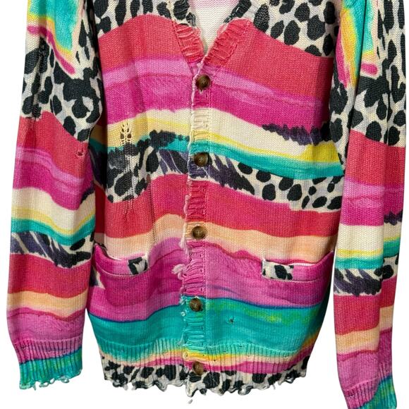 R13 Women's XS Distressed Edge Oversized Cardigan Rainbow Multi Stripe Leopard - Picture 5 of 13